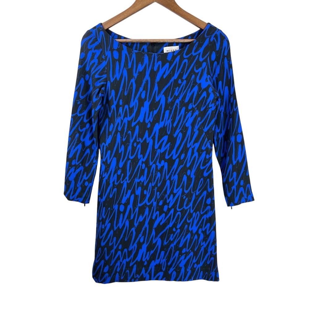 Milly Mini Dress Small Retro Blue Boat Neck 80s Layered Classy Bold Print‎